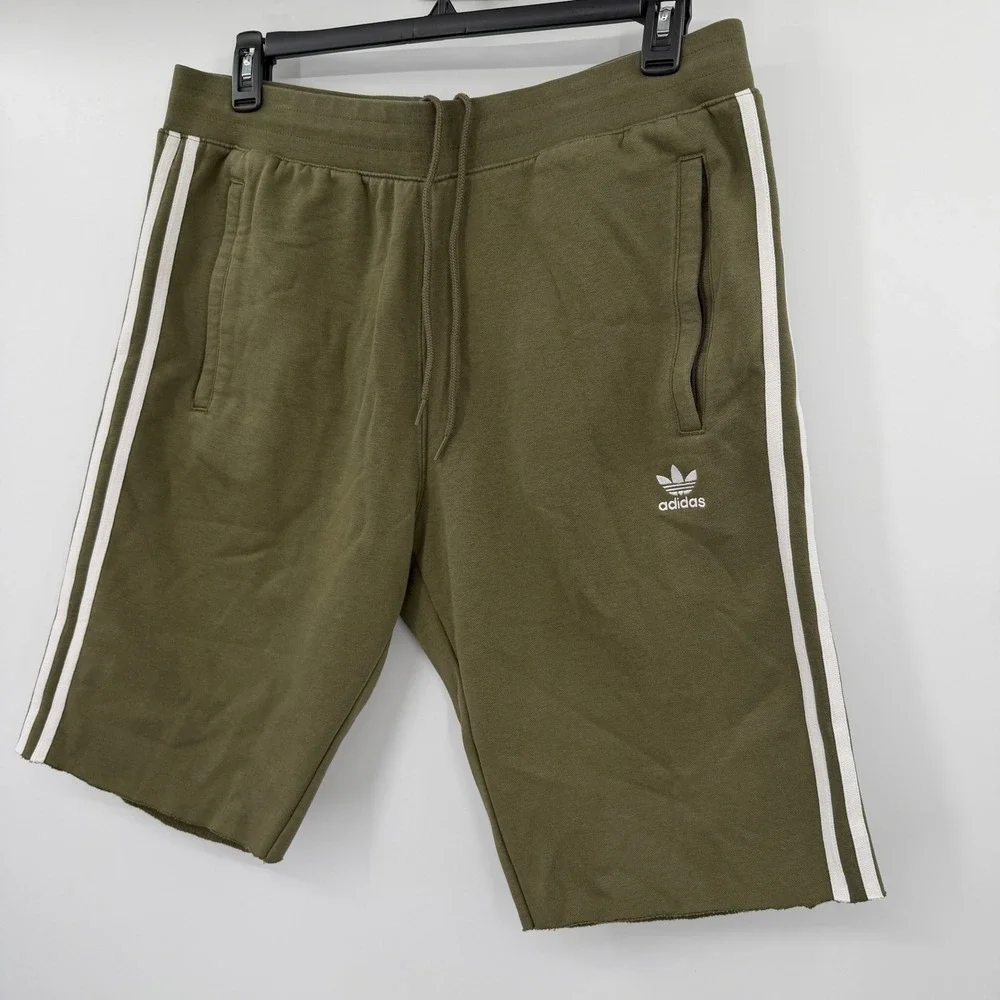 Adidas Originals Mens XL Olive Green 3-Stripe Fleece Sweat Shorts Trefoil Logo